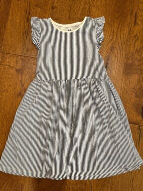H&M Girls Striped Dress 6-8Y Blue White Ruffle Sleeve Organic Cotton Casual